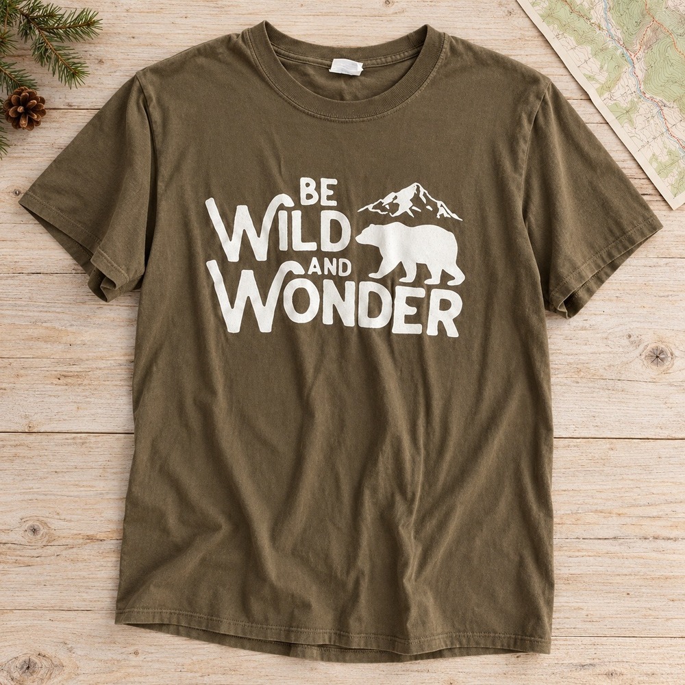 Port & Company Be Wild and Wonder Bear Graphic T-Shirt Brown Small